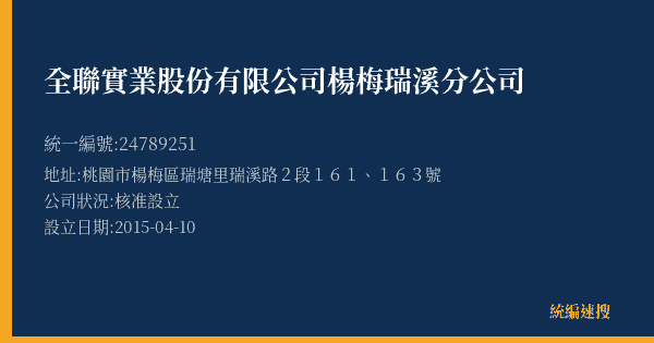 全聯實業股份有限公司楊梅瑞溪分公司的照片-統編 24789251(桃園市) 公司登記資料與營業項目詳細圖表
