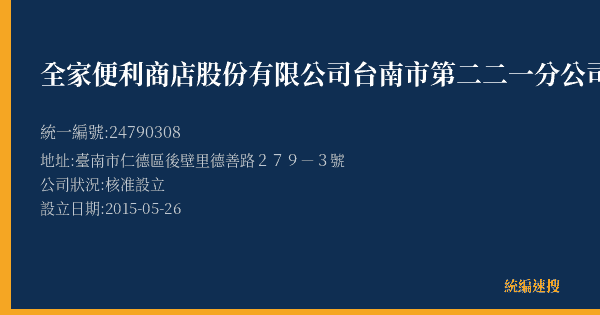 全家便利商店股份有限公司台南市第二二一分公司的照片-統編 24790308(臺南市) 公司登記資料與營業項目詳細圖表