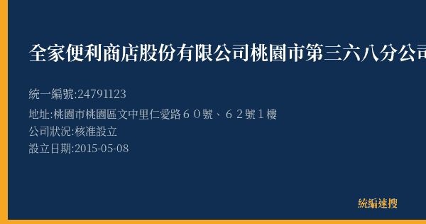 全家便利商店股份有限公司桃園市第三六八分公司的照片-統編 24791123(桃園市) 公司登記資料與營業項目詳細圖表