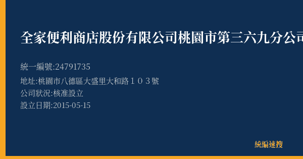 全家便利商店股份有限公司桃園市第三六九分公司的照片-統編 24791735(桃園市) 公司登記資料與營業項目詳細圖表