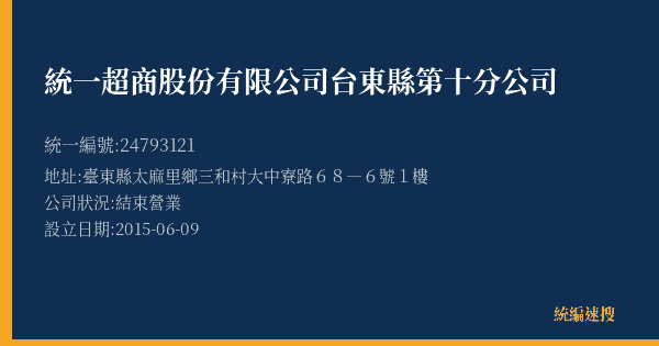 統一超商股份有限公司台東縣第十分公司的照片-統編 24793121(臺東縣) 公司登記資料與營業項目詳細圖表