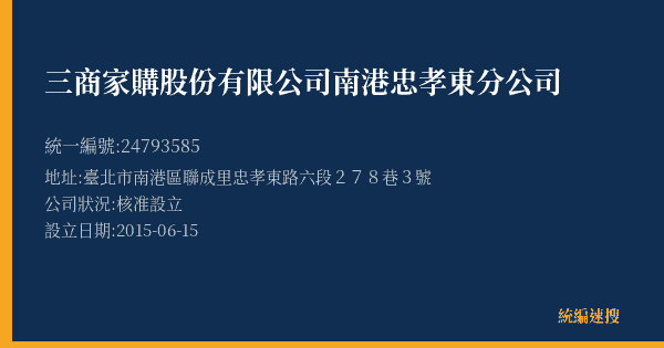 三商家購股份有限公司南港忠孝東分公司的照片-統編 24793585(臺北市) 公司登記資料與營業項目詳細圖表