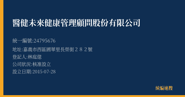 醫健未來健康管理顧問股份有限公司的照片-統編 24795676(嘉義市) 公司登記資料與營業項目詳細圖表