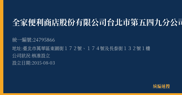 全家便利商店股份有限公司台北市第五四九分公司的照片-統編 24795866(臺北市) 公司登記資料與營業項目詳細圖表