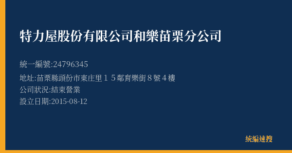 特力屋股份有限公司和樂苗栗分公司的照片-統編 24796345(苗栗縣) 公司登記資料與營業項目詳細圖表