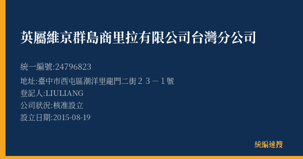 英屬維京群島商里拉有限公司台灣分公司的照片-統編 24796823(臺中市) 公司登記資料與營業項目詳細圖表