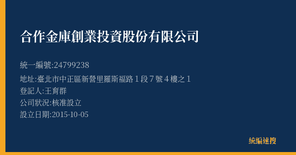 合作金庫創業投資股份有限公司的照片-統編 24799238(臺北市) 公司登記資料與營業項目詳細圖表