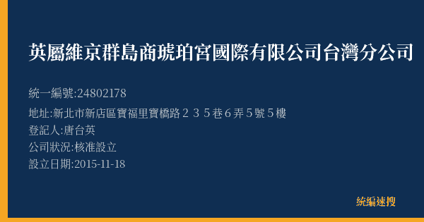 英屬維京群島商琥珀宮國際有限公司台灣分公司的照片-統編 24802178(新北市) 公司登記資料與營業項目詳細圖表