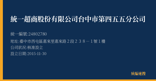 統一超商股份有限公司台中市第四五五分公司的照片-統編 24802780(臺中市) 公司登記資料與營業項目詳細圖表