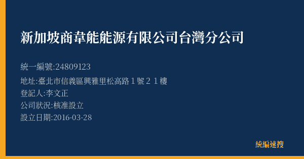 新加坡商韋能能源有限公司台灣分公司的照片-統編 24809123(臺北市) 公司登記資料與營業項目詳細圖表