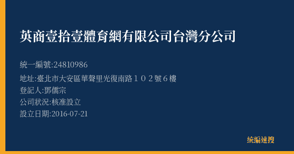 英商壹拾壹體育網有限公司台灣分公司的照片-統編 24810986(臺北市) 公司登記資料與營業項目詳細圖表