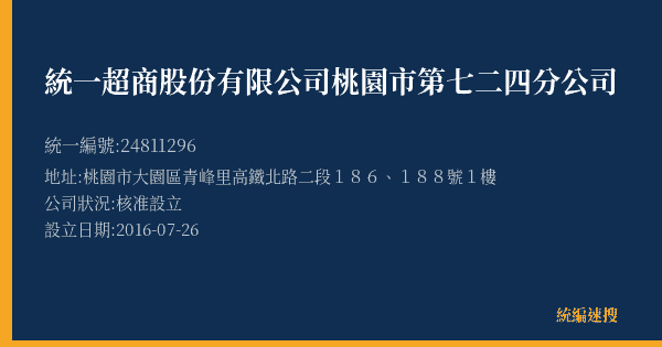 統一超商股份有限公司桃園市第七二四分公司的照片-統編 24811296(桃園市) 公司登記資料與營業項目詳細圖表