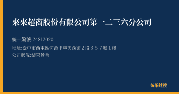 來來超商股份有限公司第一二三六分公司的照片-統編 24812020(臺中市) 公司登記資料與營業項目詳細圖表