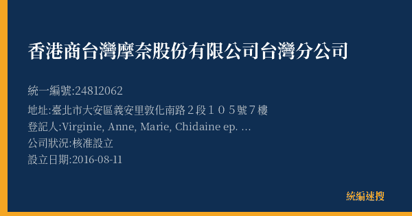 香港商台灣摩奈股份有限公司台灣分公司的照片-統編 24812062(臺北市) 公司登記資料與營業項目詳細圖表