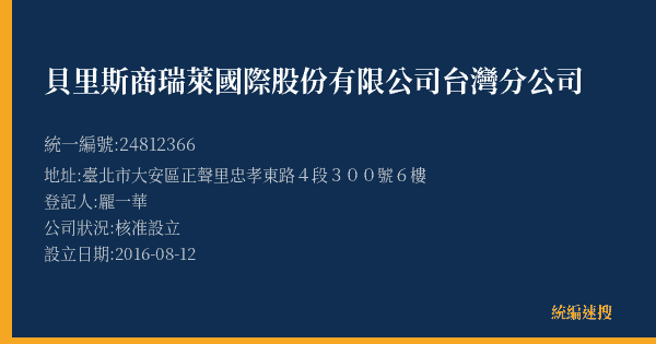 貝里斯商瑞萊國際股份有限公司台灣分公司的照片-統編 24812366(臺北市) 公司登記資料與營業項目詳細圖表