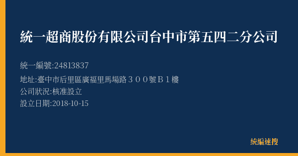 統一超商股份有限公司台中市第五四二分公司的照片-統編 24813837(臺中市) 公司登記資料與營業項目詳細圖表