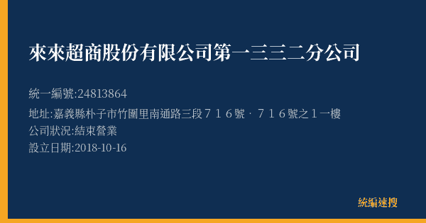 來來超商股份有限公司第一三三二分公司的照片-統編 24813864(嘉義縣) 公司登記資料與營業項目詳細圖表