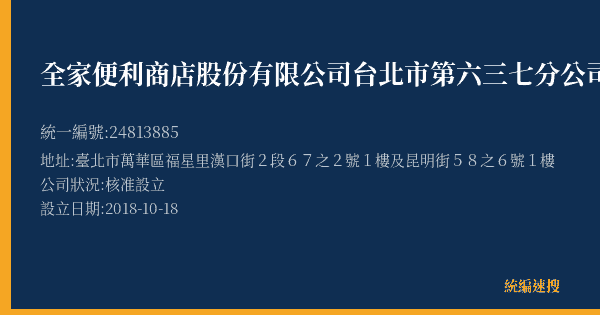 全家便利商店股份有限公司台北市第六三七分公司的照片-統編 24813885(臺北市) 公司登記資料與營業項目詳細圖表