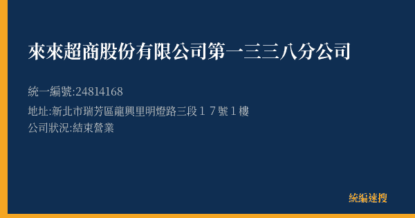來來超商股份有限公司第一三三八分公司的照片-統編 24814168(新北市) 公司登記資料與營業項目詳細圖表