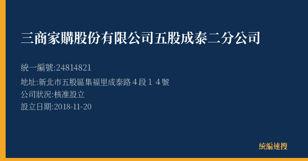 三商家購股份有限公司五股成泰二分公司的照片-統編 24814821(新北市) 公司登記資料與營業項目詳細圖表