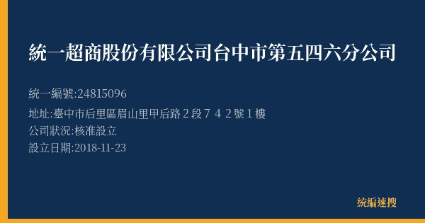 統一超商股份有限公司台中市第五四六分公司的照片-統編 24815096(臺中市) 公司登記資料與營業項目詳細圖表