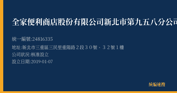 全家便利商店股份有限公司新北市第九五八分公司的照片-統編 24816335(新北市) 公司登記資料與營業項目詳細圖表
