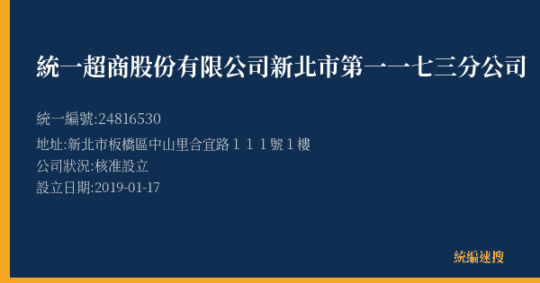 統一超商股份有限公司新北市第一一七三分公司的照片-統編 24816530(新北市) 公司登記資料與營業項目詳細圖表