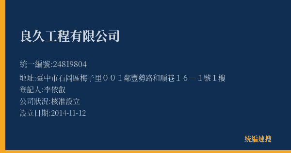 良久工程有限公司的照片-統編 24819804(臺中市) 公司登記資料與營業項目詳細圖表