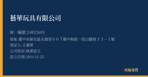 藝華玩具有限公司的照片-統編 24822603(臺中市) 公司登記資料與營業項目詳細圖表