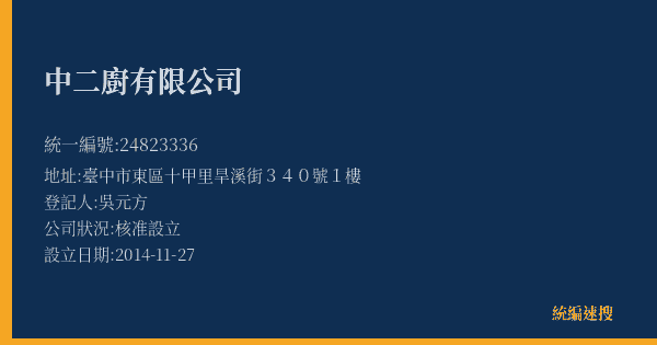 中二廚有限公司的照片-統編 24823336(臺中市) 公司登記資料與營業項目詳細圖表