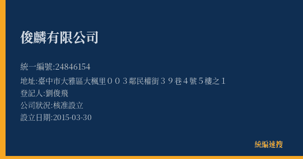 俊麟有限公司的照片-統編 24846154(臺中市) 公司登記資料與營業項目詳細圖表