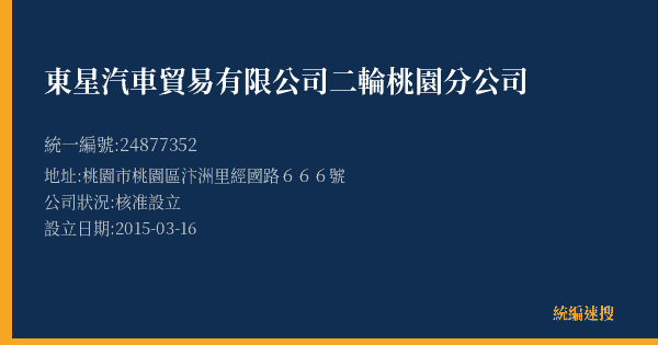 東星汽車貿易有限公司二輪桃園分公司的照片-統編 24877352(桃園市) 公司登記資料與營業項目詳細圖表