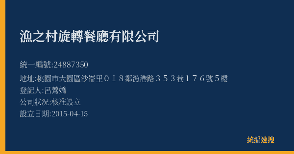 漁之村旋轉餐廳有限公司的照片-統編 24887350(桃園市) 公司登記資料與營業項目詳細圖表