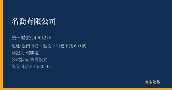 名喬有限公司的照片-統編 24901276(臺南市) 公司登記資料與營業項目詳細圖表