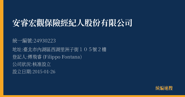 安睿宏觀保險經紀人股份有限公司的照片-統編 24930223(臺北市) 公司登記資料與營業項目詳細圖表