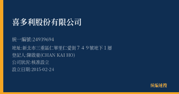 喜多利股份有限公司的照片-統編 24939694(新北市) 公司登記資料與營業項目詳細圖表
