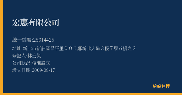 宏惠有限公司的照片-統編 25014425(新北市) 公司登記資料與營業項目詳細圖表