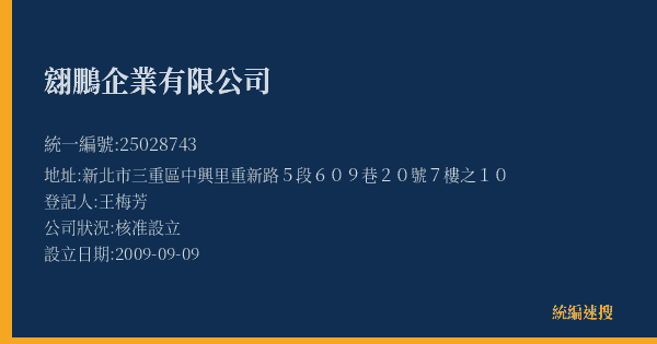 翝鵬企業有限公司的照片-統編 25028743(新北市) 公司登記資料與營業項目詳細圖表