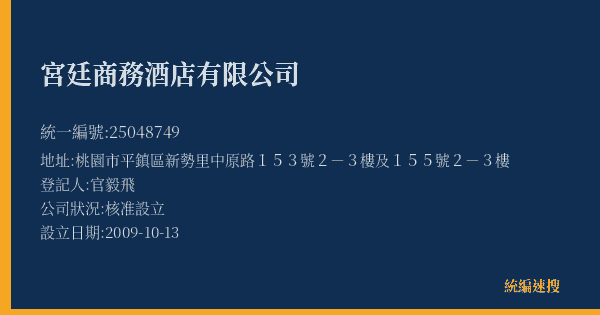 宮廷商務酒店有限公司的照片-統編 25048749(桃園市) 公司登記資料與營業項目詳細圖表