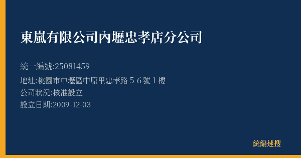 東嵐有限公司內壢忠孝店分公司的照片-統編 25081459(桃園市) 公司登記資料與營業項目詳細圖表