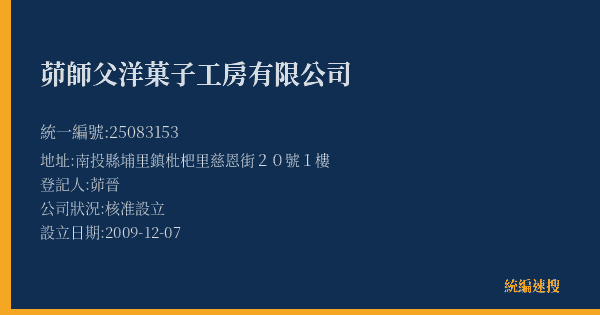 茆師父洋菓子工房有限公司的照片-統編 25083153(南投縣) 公司登記資料與營業項目詳細圖表