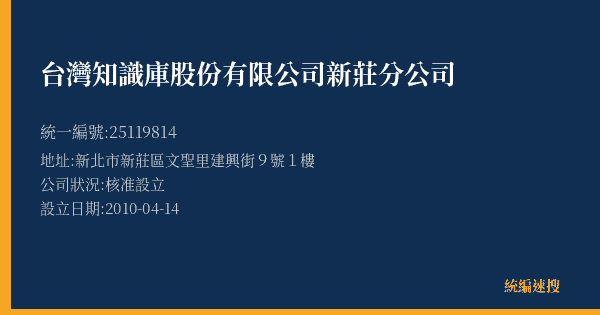 台灣知識庫股份有限公司新莊分公司的照片-統編 25119814(新北市) 公司登記資料與營業項目詳細圖表