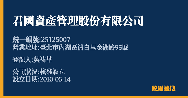 君國資產管理股份有限公司的照片-統編 25125007(臺北市) 公司登記資料與營業項目詳細圖表