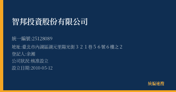 智邦投資股份有限公司的照片-統編 25128089(臺北市) 公司登記資料與營業項目詳細圖表