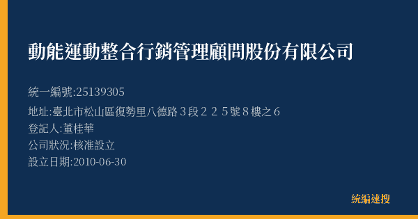 動能運動整合行銷管理顧問股份有限公司的照片-統編 25139305(臺北市) 公司登記資料與營業項目詳細圖表