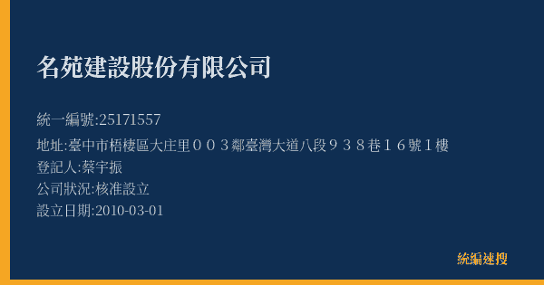 名苑建設股份有限公司的照片-統編 25171557(臺中市) 公司登記資料與營業項目詳細圖表