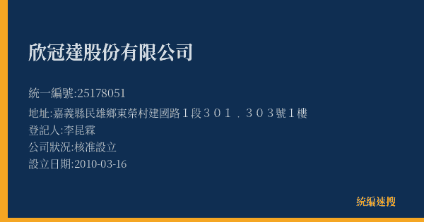 欣冠達股份有限公司的照片-統編 25178051(嘉義縣) 公司登記資料與營業項目詳細圖表