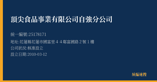 頂尖食品事業有限公司自強分公司的照片-統編 25178171(花蓮縣) 公司登記資料與營業項目詳細圖表