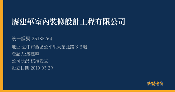 廖建華室內裝修設計工程有限公司的照片-統編 25185264(臺中市) 公司登記資料與營業項目詳細圖表