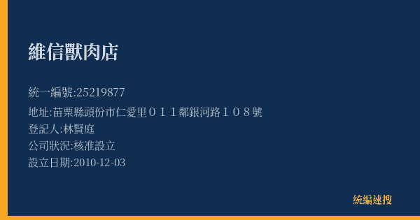維信獸肉店的照片-統編 25219877(苗栗縣) 公司登記資料與營業項目詳細圖表